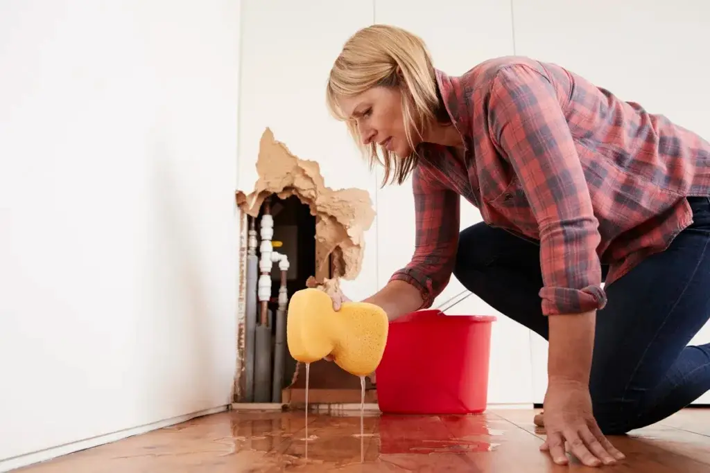 mujer limpiando avería de agua en el suelo