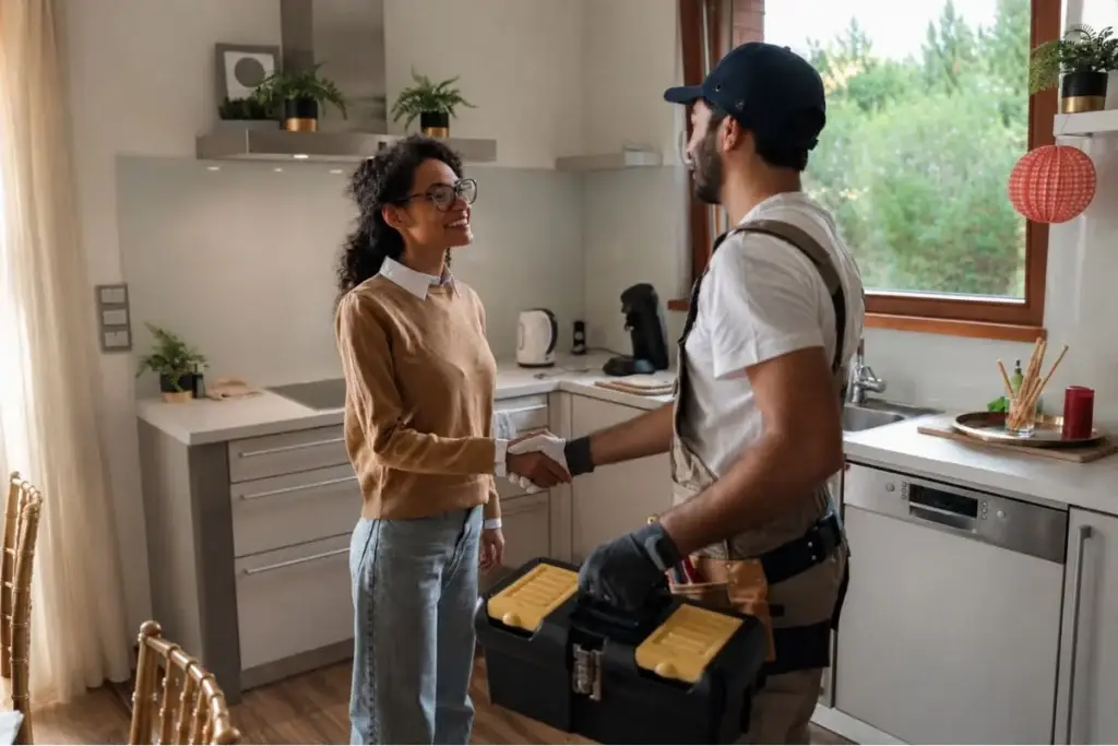 chica dando la mano a fontanero agradeciendo el servicio